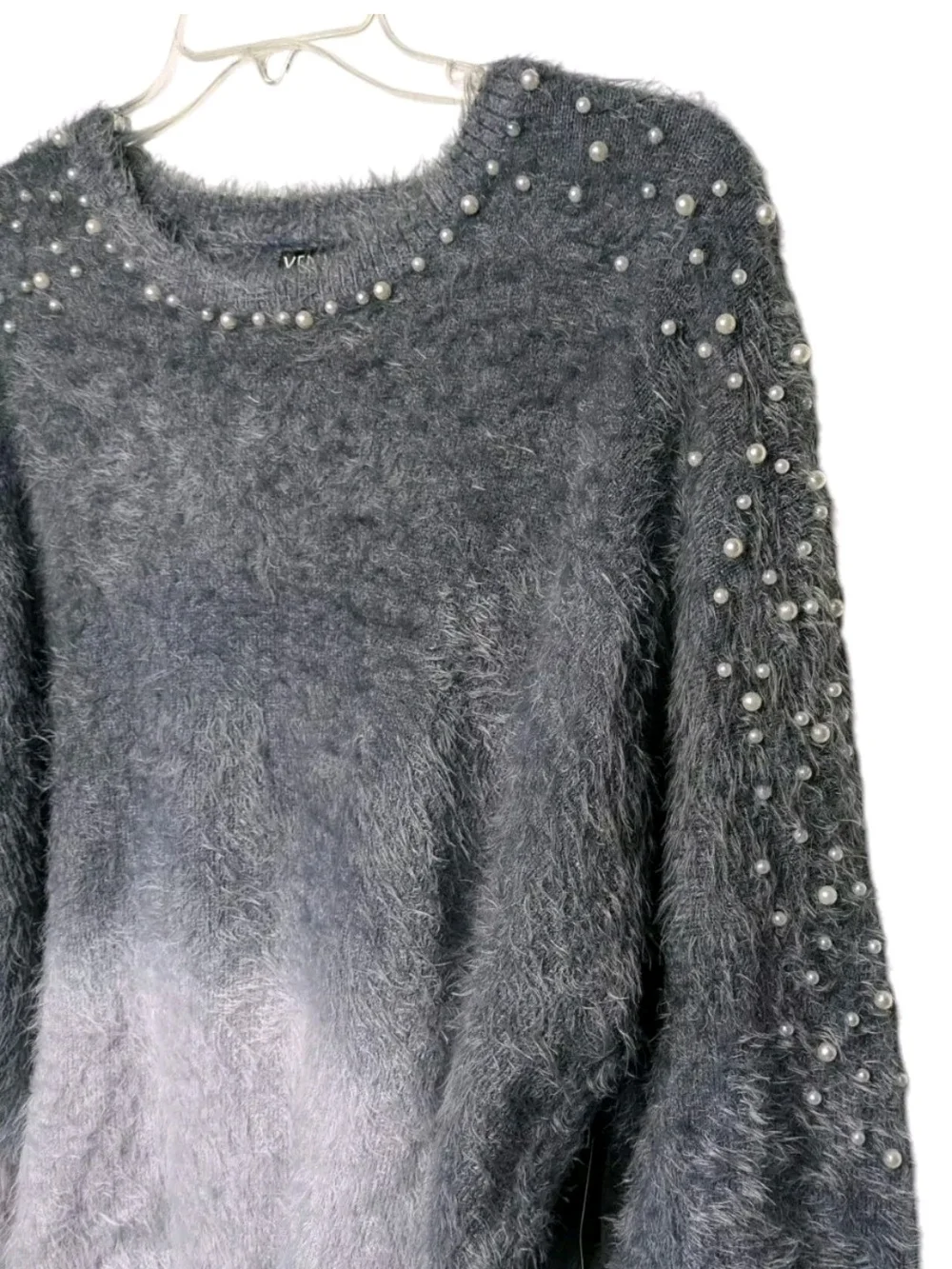 Venus Fuzzy Ombre Pearl-Embellished Sweater - Gray